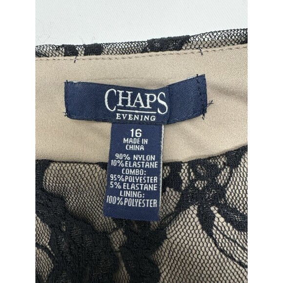 Chaps Black Maxi Dress 16 Lace Overlay Nude Illusion Cascading Cocktail Evening - Picture 7 of 8